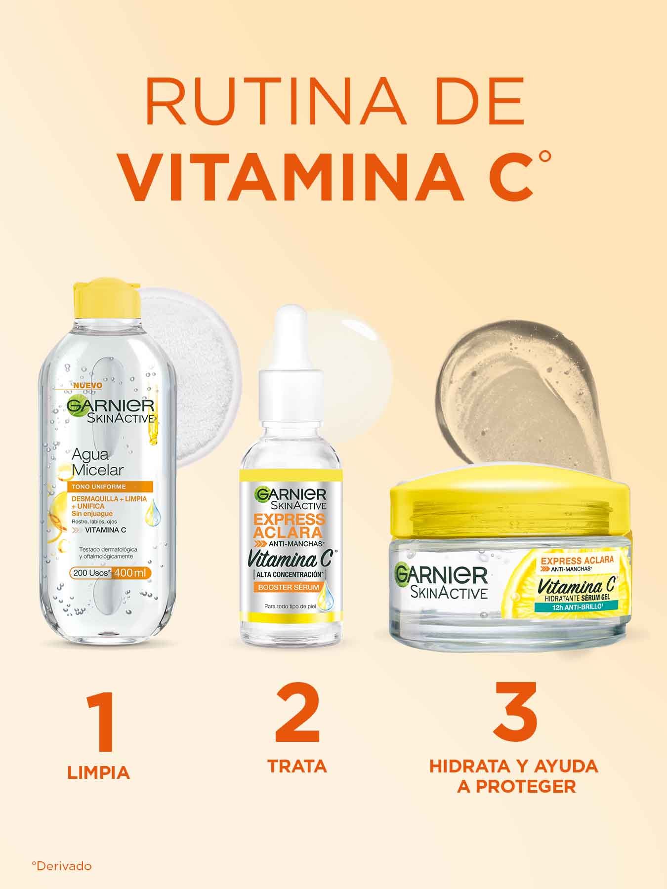Rutina de vitamina C  1.- Limpia: Agua micelar 2.- Trata Sérum 3.- Hidrata y ayuda a proteger: Gel hidratante