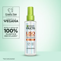 Producto para bajar el frizz en spray alisador Liso Diamante Garnier Fructis: cruelty free, vegano sin ingredientes de origen animal, y con botella hecha 100% de plástico reciclado