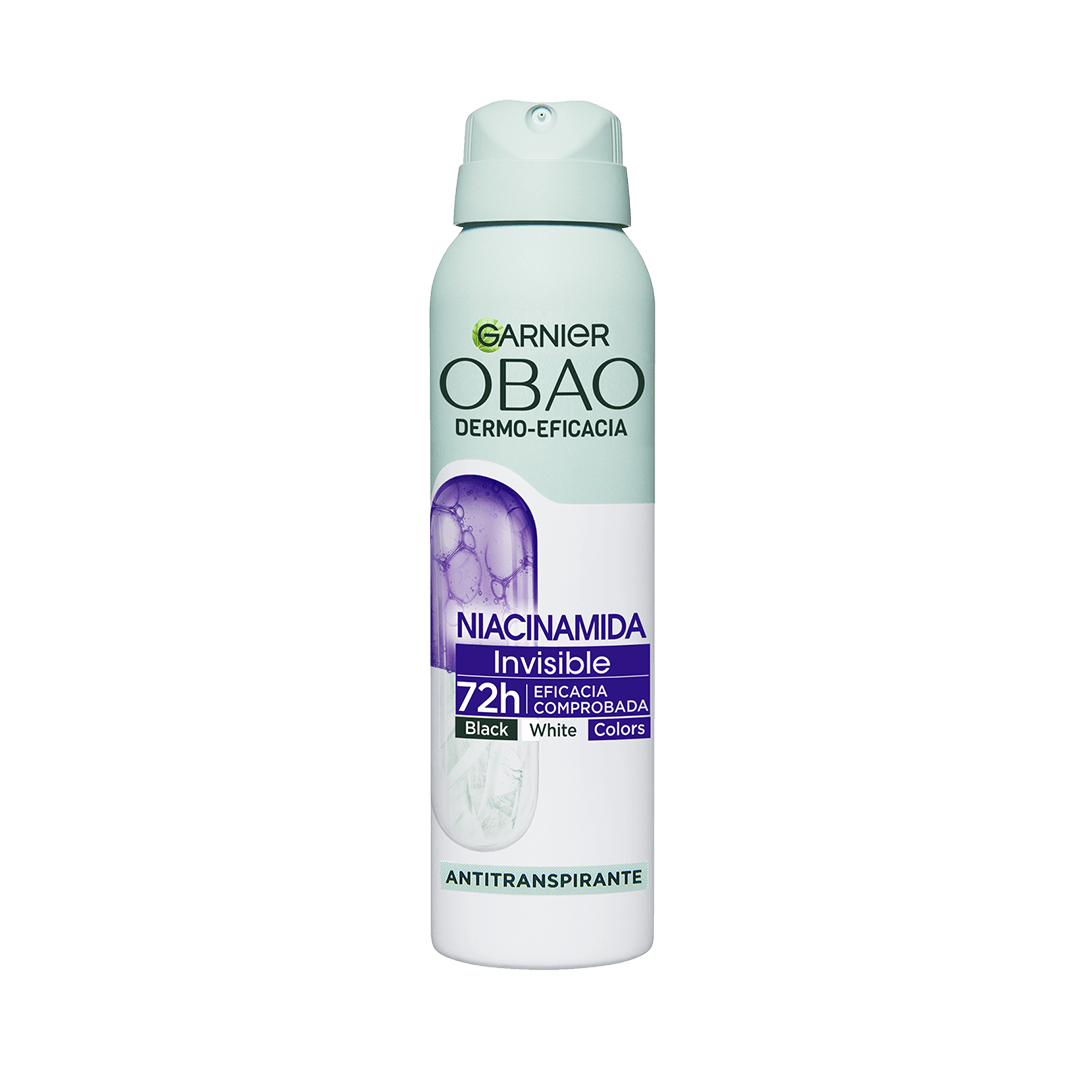 Garnier Obao Dermoeficacia Aerosol Niacinamida Invisible Antitranspirante Eficacia Anti Manchas Vegano Crueltyfree Sin Alcohol No irrita la piel Front Shots