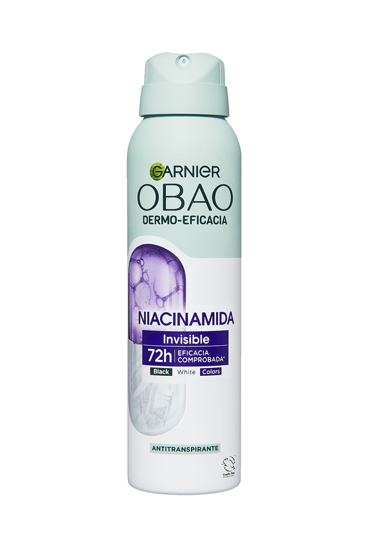 Garnier Obao Dermoeficacia Aerosol Niacinamida Invisible Antitranspirante Eficacia Anti Manchas Vegano Crueltyfree Sin Alcohol No irrita la piel Front Shots