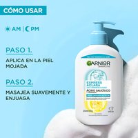 Modo de uso Garnier Gel Limpiador Anti Imperfecciones: aplicar sobre piel húmeda, masajear suavemente y enjuagar por la mañana y noche.