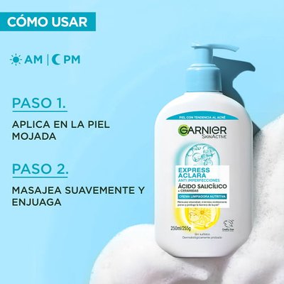 Modo de uso Garnier Gel Limpiador Anti Imperfecciones: aplicar sobre piel húmeda, masajear suavemente y enjuagar por la mañana y noche.