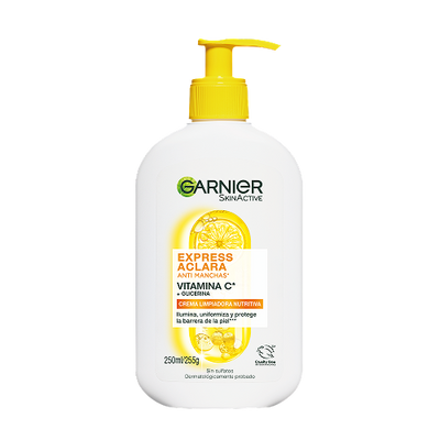 Gel limpiador Garnier Express Aclara con vitamina C y glicerina en presentación de 250 ml para piel con manchas