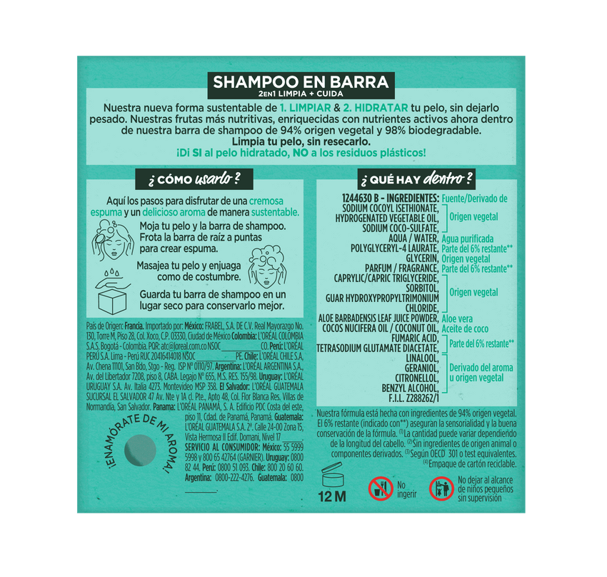 Hair Food Shampoo Sólido Aloe Línea Fructis Garnier México