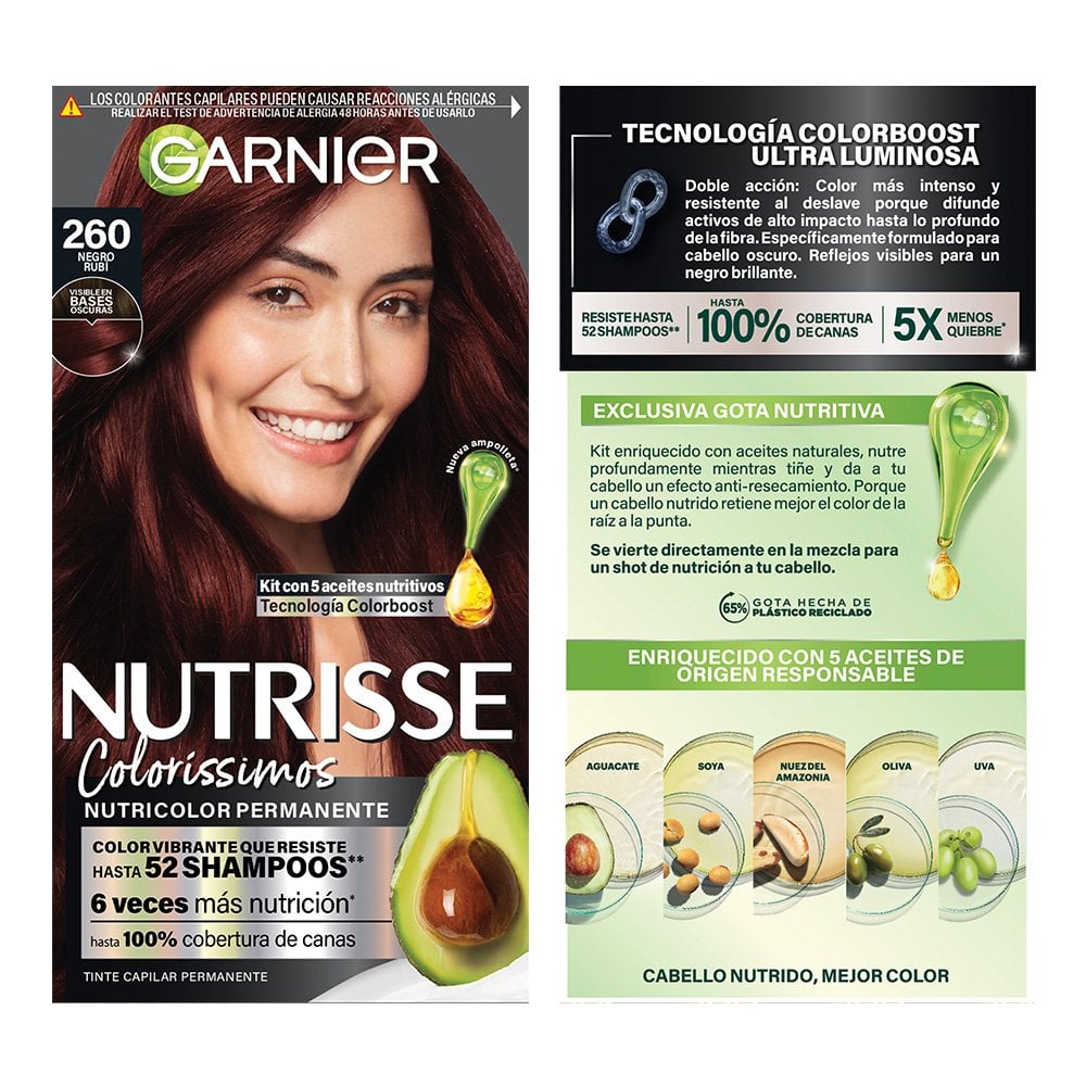 GARNIER NUTRISSE, NUTRISSE, NUTRISSE COLORÍSSIMOS, COLORACIÓN DE CABELLO, TINTE DE CABELLO, COLOR INTENSO, COLORACIÓN, FÓRMULA VEGANA, CRUELTY FREE, TONO 260, NEGRO RUBÍ