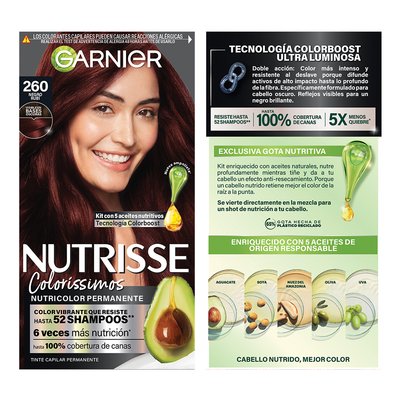 GARNIER NUTRISSE, NUTRISSE, NUTRISSE COLORÍSSIMOS, COLORACIÓN DE CABELLO, TINTE DE CABELLO, COLOR INTENSO, COLORACIÓN, FÓRMULA VEGANA, CRUELTY FREE, TONO 260, NEGRO RUBÍ