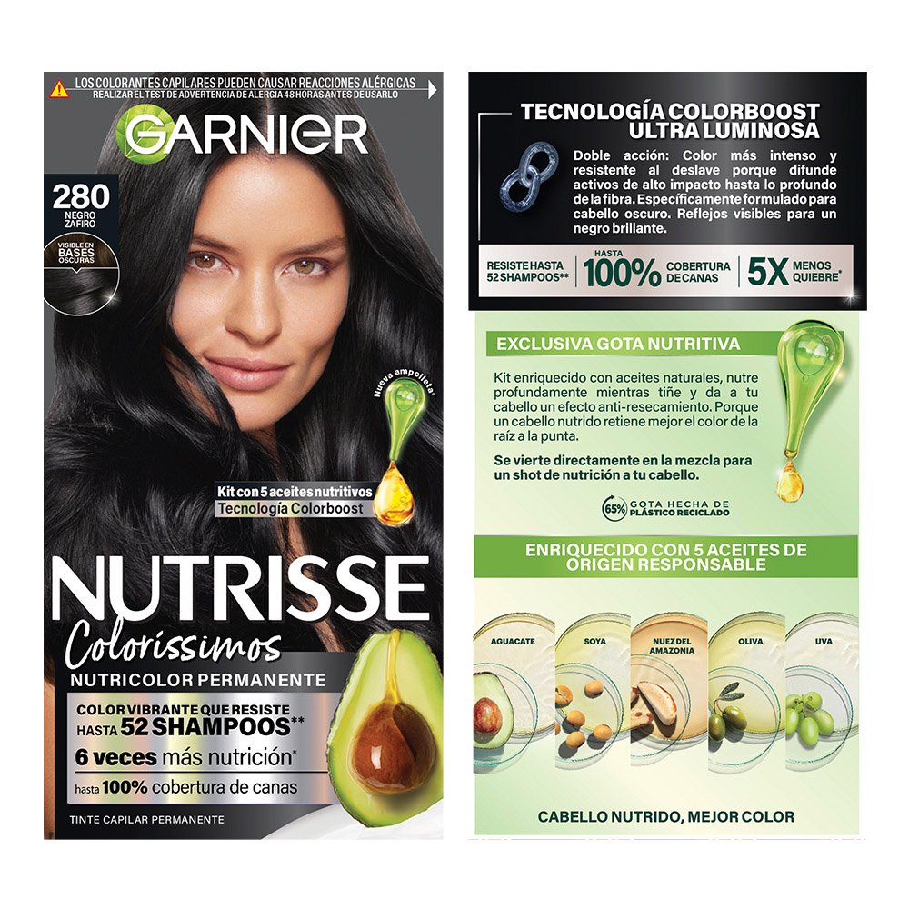 GARNIER NUTRISSE, NUTRISSE, NUTRISSE COLORÍSSIMOS, COLORACIÓN DE CABELLO, TINTE DE CABELLO, COLOR INTENSO, COLORACIÓN, FÓRMULA VEGANA, CRUELTY FREE, TONO 280, NEGRO ZAFIRO