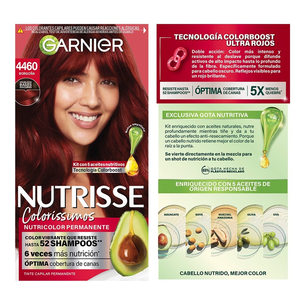 GARNIER NUTRISSE, NUTRISSE, NUTRISSE COLORÍSSIMOS, COLORACIÓN DE CABELLO, TINTE DE CABELLO, COLOR INTENSO, COLORACIÓN, FÓRMULA VEGANA, CRUELTY FREE, TONO 4460, BORGOÑA, TINTES ROJOS