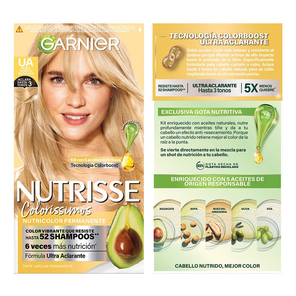 GARNIER NUTRISSE, NUTRISSE, NUTRISSE COLORÍSSIMOS, COLORACIÓN DE CABELLO, TINTE DE CABELLO, COLOR INTENSO, COLORACIÓN, FÓRMULA VEGANA, CRUELTY FREE, TONO RUBIO DORADO MARACUYÁ