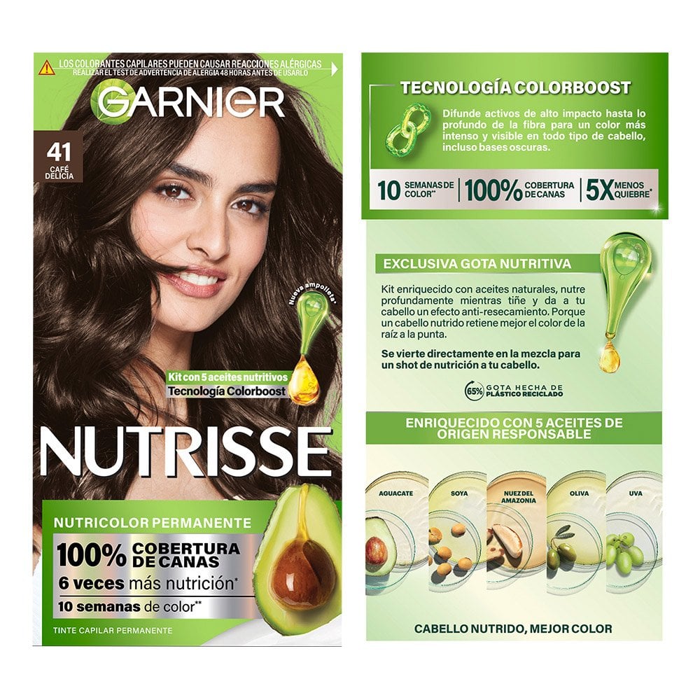 GARNIER NUTRISSE, NUTRISSE, NUTRISSE REGULAR, COLORACIÓN DE CABELLO, TINTE DE CABELLO, COLOR INTENSO, COLORACIÓN, FÓRMULA VEGANA, CRUELTY FREE, TONO 41, CAFÉ DELICIA