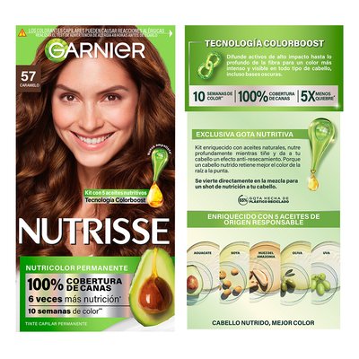 GARNIER NUTRISSE, NUTRISSE, NUTRISSE REGULAR, COLORACIÓN DE CABELLO, TINTE DE CABELLO, COLOR INTENSO, COLORACIÓN, FÓRMULA VEGANA, CRUELTY FREE, TONO 57, CARAMELO