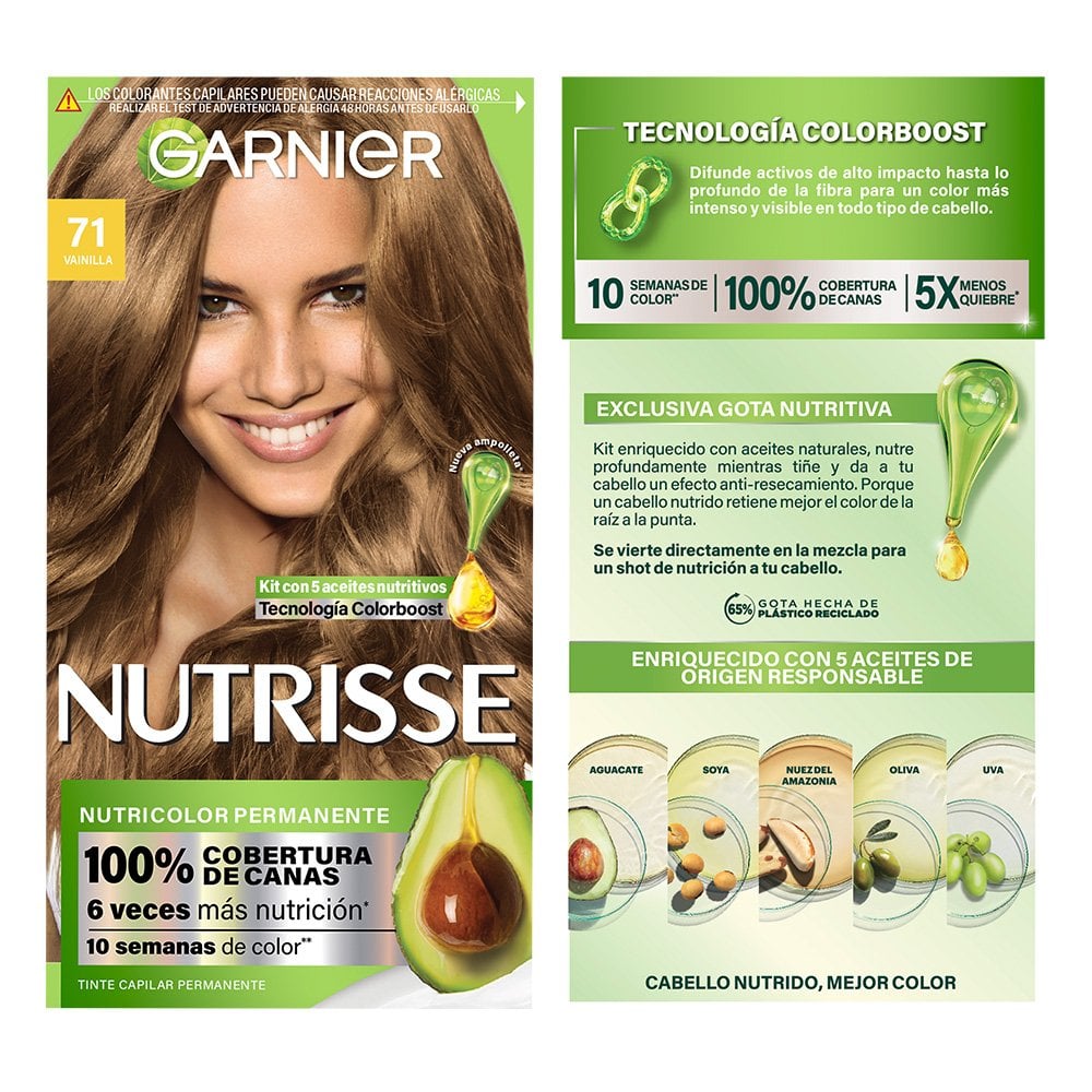 GARNIER NUTRISSE, NUTRISSE, NUTRISSE REGULAR, COLORACIÓN DE CABELLO, TINTE DE CABELLO, COLOR INTENSO, COLORACIÓN, FÓRMULA VEGANA, CRUELTY FREE, TONO 71, VAINILLA
