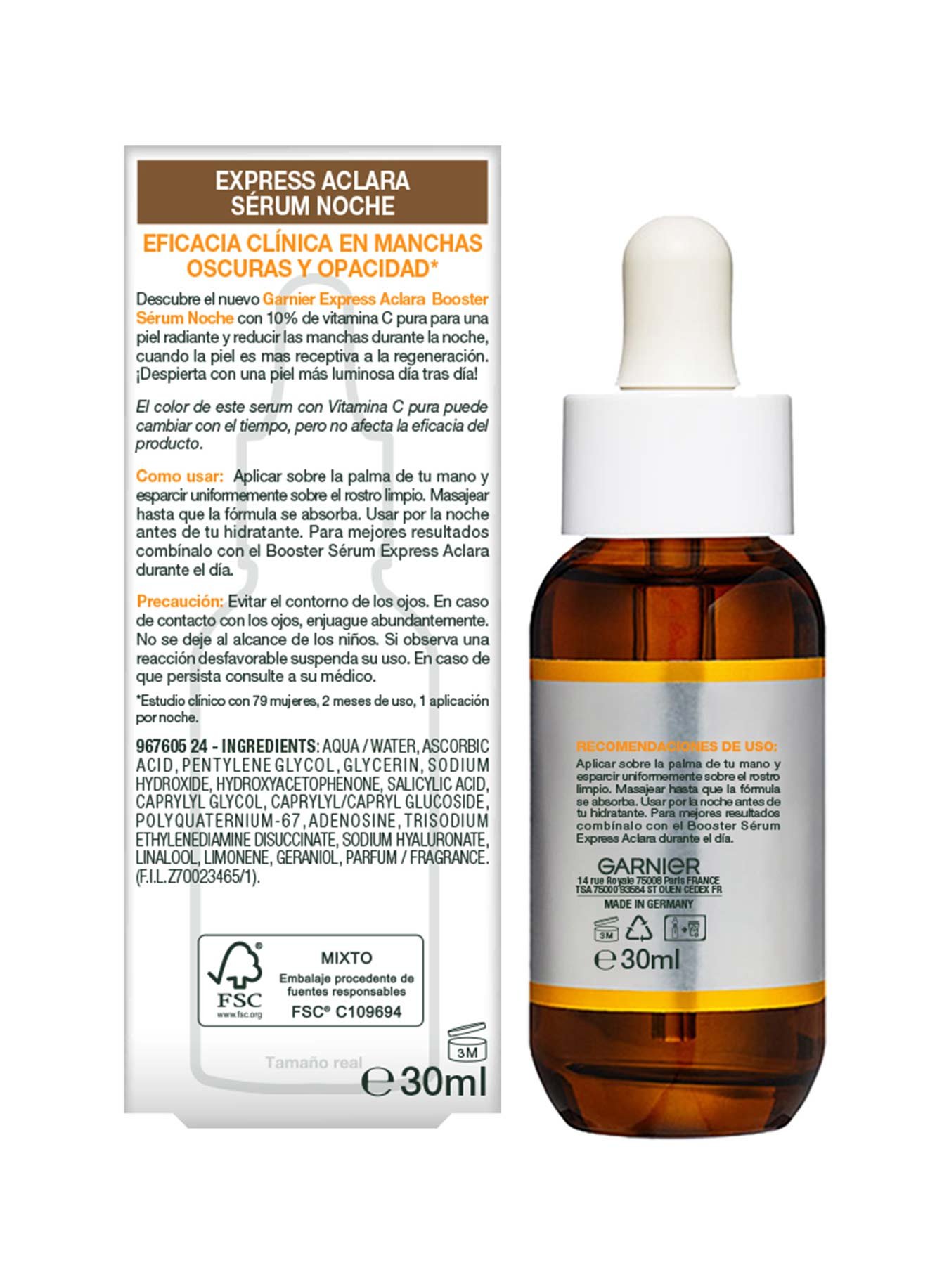 Sérum night express aclara, booster Sérum noche para rostro, 10% vitamina c pura origen natural, anti-manchas, piel radiante, y uniforme. 