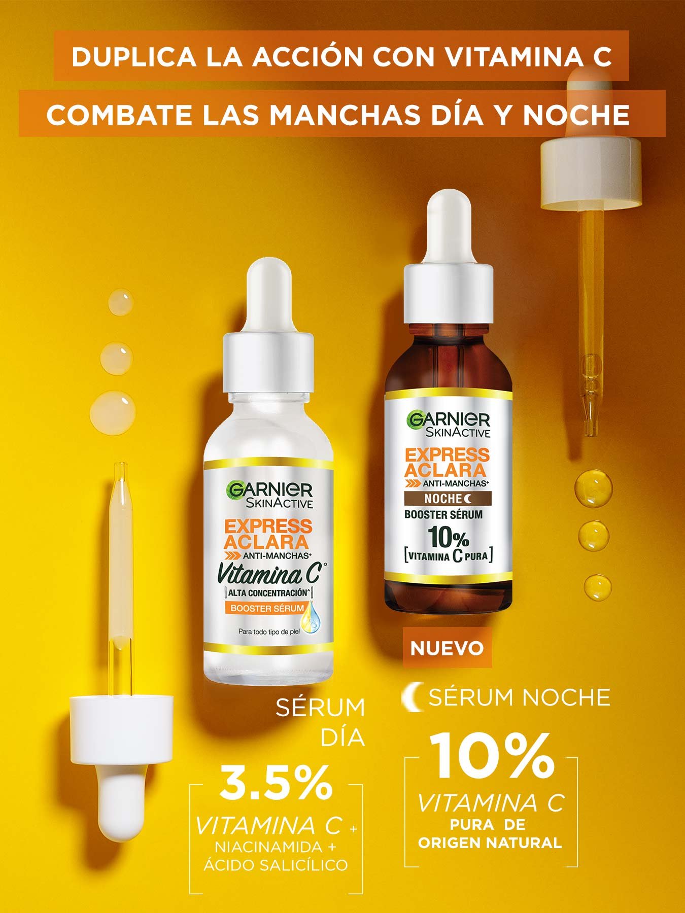 Sérum noche express Aclara, combate las manchas día y noche, 10% vitamina C pura de origen natural.